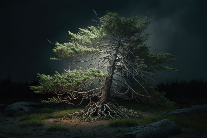 Maginficent Large Eastern Hemlock Tree Lightning Dark Clouds Sky by Generative AI stock photography