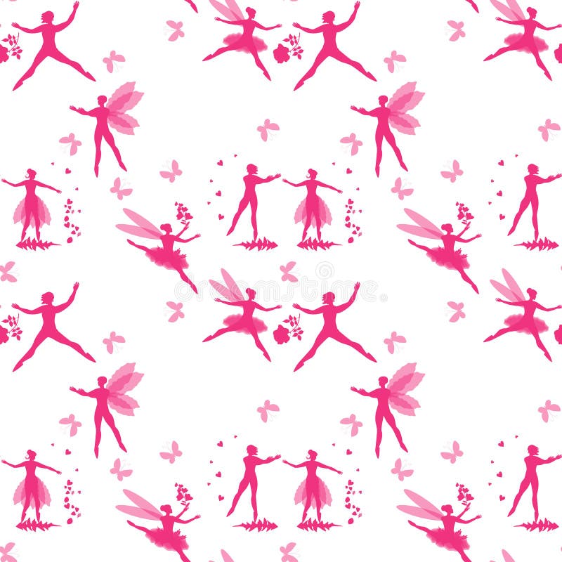 Magisch naadloos patroon met roze silhouetten van gevleugelde dansers, harten, bloemen en vlinders Feeën en elfdansballet royalty-vrije illustratie Magisch naadloos patroon met roze silhouetten van gevleugelde dansers, harten, bloemen en vlinders Feeën en elfdansballet royalty-vrije illustratie