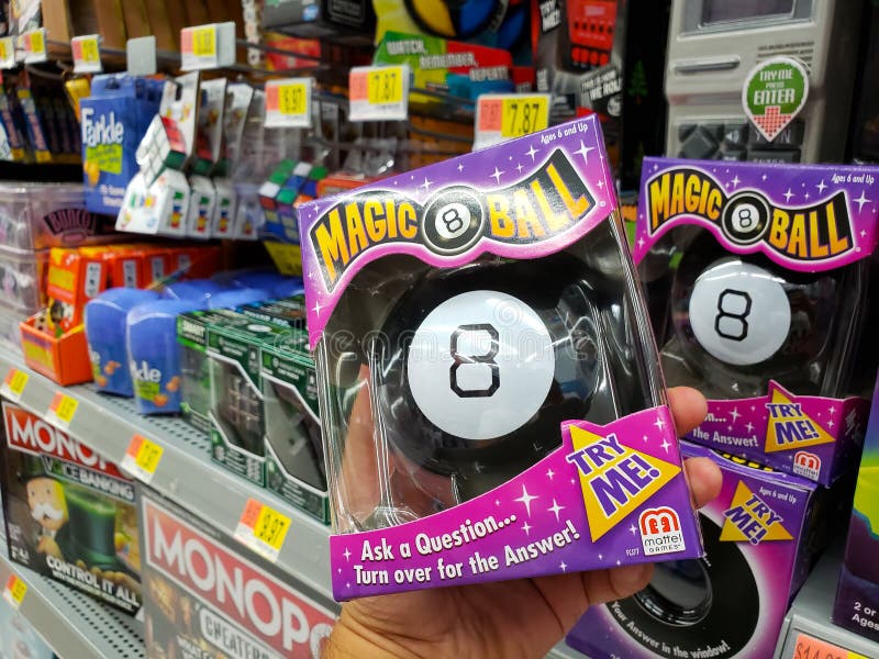 A view of several board games and toys on display in the toy section of a local department store, featuring the Magic 8 Ball. A view of several board games and toys on display in the toy section of a local department store, featuring the Magic 8 Ball.