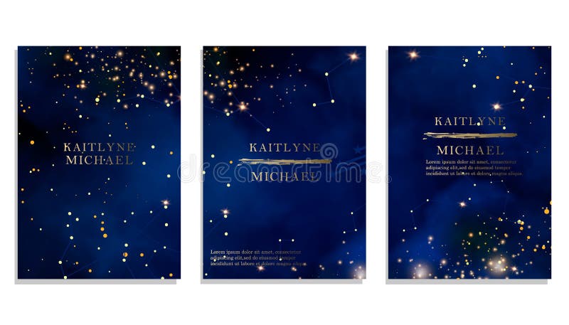Magische Nachtdunkelblauer Himmel mit dem Funkeln spielt Vektorhochzeitseinladung die Hauptrolle Andromeda Galaxy Goldfunkelnpulv vektor abbildung