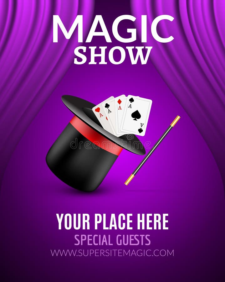 Magische Showplakat-Designschablone Magisches Showfliegerdesign mit magischem Hut und Vorhängen