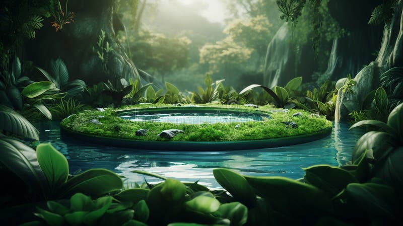 Magische Waldszene mit schwimmender Moosinsel und ruhigem Wasser. generative Hilfe vektor abbildung
