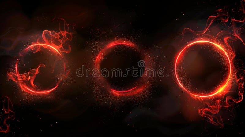 Magic light effect with glowing red rings and swirls, neon flares, glitter dust and round frames of neon flares. Modern abstract background with black circles.. AI generated. Magic light effect with glowing red rings and swirls, neon flares, glitter dust and round frames of neon flares. Modern abstract background with black circles.. AI generated