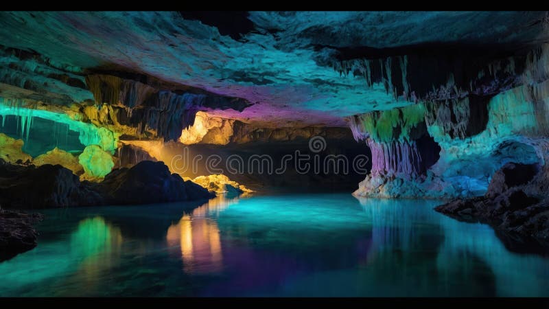 Magischer Untergrundsee in einer hellen Höhle. Ein atemberaubender Blick auf einen unterirdischen See, der die lebhaften Farben der Höhlenwände und Decke reflektiert und eine surreale und bezaubernde Atmosphäre schafft. Das kristallklare Wasser spiegelt die atemberaubenden Formationen wider, die die Schönheit der Naturkunst zeigen.