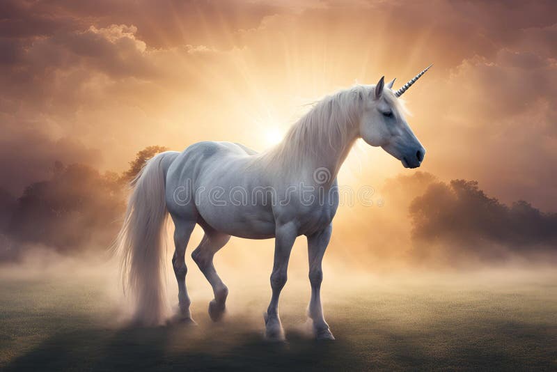 Magisk unicorn mot grumlig gyllene soluppgång med solstrålning. royaltyfri illustrationer