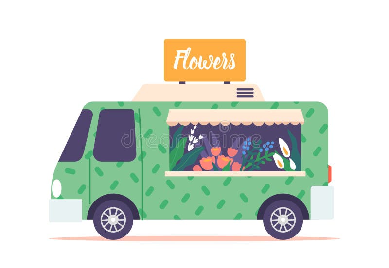 Magistrală mobilă de florărie, cu afișaj floral colorat și accente decorative. abordare unică și creativă stock illustration