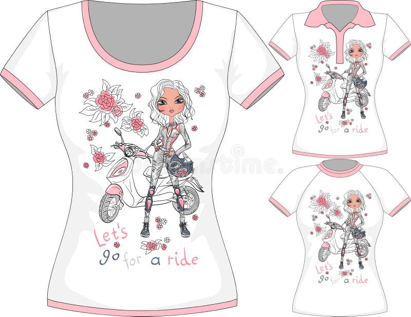 Maglietta di vettore con la ragazza ed il motorino di modo illustrazione vettoriale Maglietta di vettore con la ragazza ed il motorino di modo illustrazione vettoriale