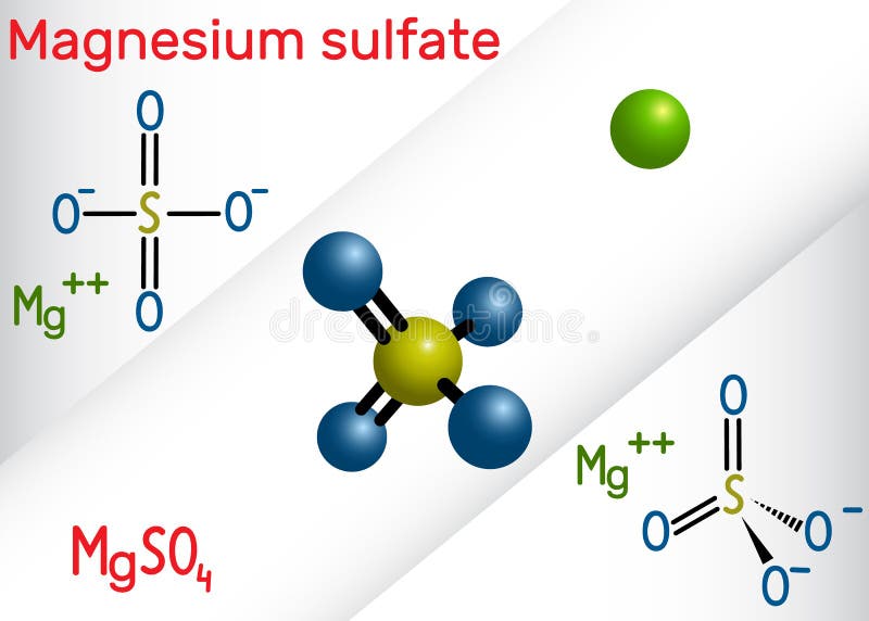 Magnesium sulfate molecule. It is is an inorganic salt and pharmaceutical drug. Structural chemical formula and molecule model. Vector illustration