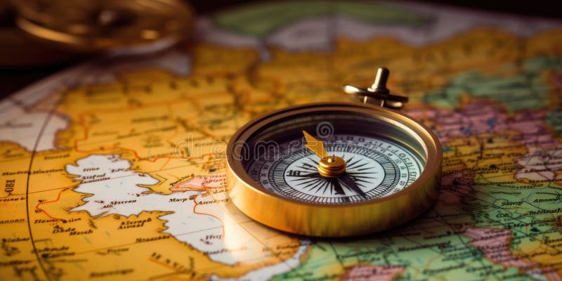 Magnetic compass and location marking with a pin on routes on world map. Adventure, discovery, navigation, communication stock illustration