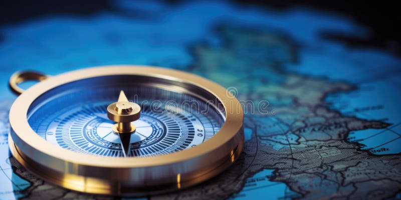 Magnetic compass and location marking with a pin on routes on world map. Adventure, discovery, navigation, communication stock illustration