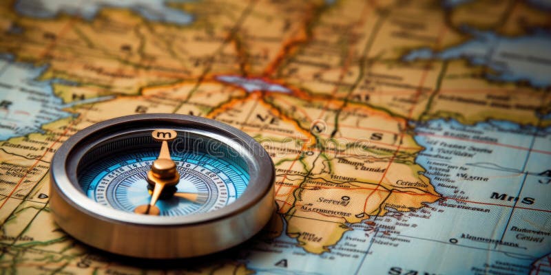 Magnetic compass and location marking with a pin on routes on world map. Adventure, discovery, navigation, communication stock illustration