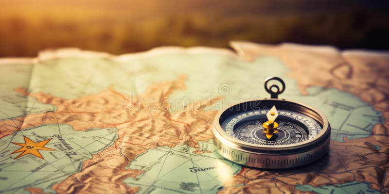 Magnetic compass and location marking with a pin on routes on world map. Adventure, discovery, navigation, communication vector illustration