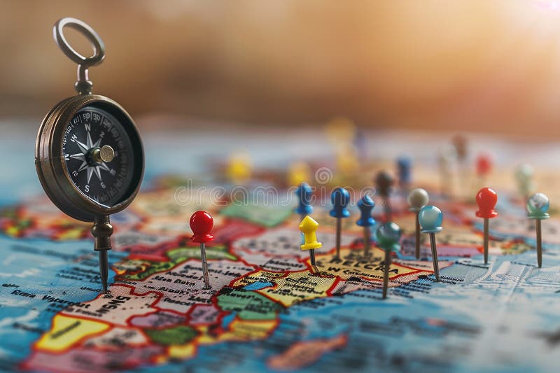 Magnetic compass and location marking with a pin on routes on world map. Adventure, discovery, navigation, communication royalty free illustration