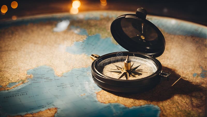 Magnetic compass and location marking with a pin on routes on world map.. stock illustration.