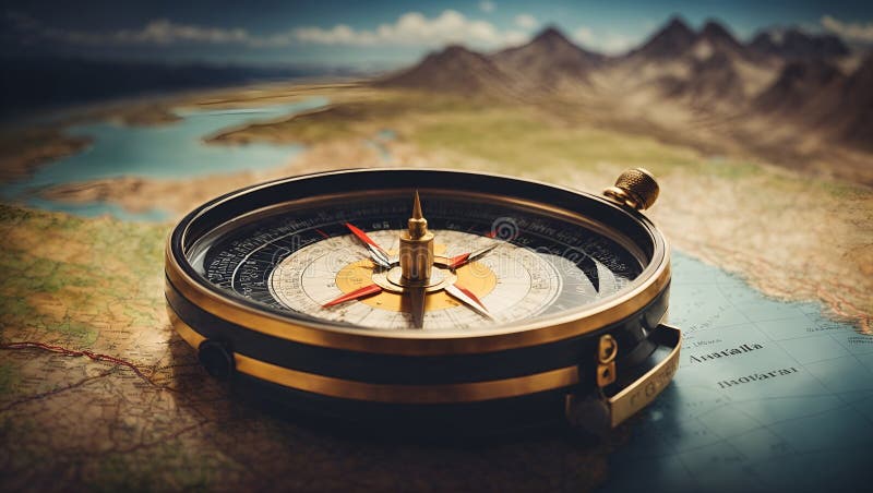 Magnetic compass and location marking with a pin on routes on world map.. royalty free illustration.
