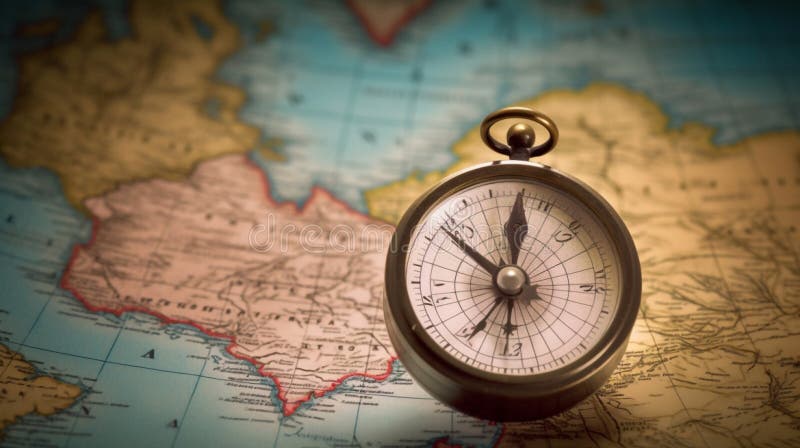 Magnetic compass and location marking on world map for adventure and travel concept. Generative AI stock illustration