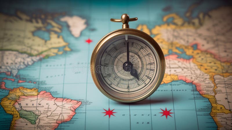 Magnetic compass and location marking on world map for adventure and travel concept. Generative AI vector illustration