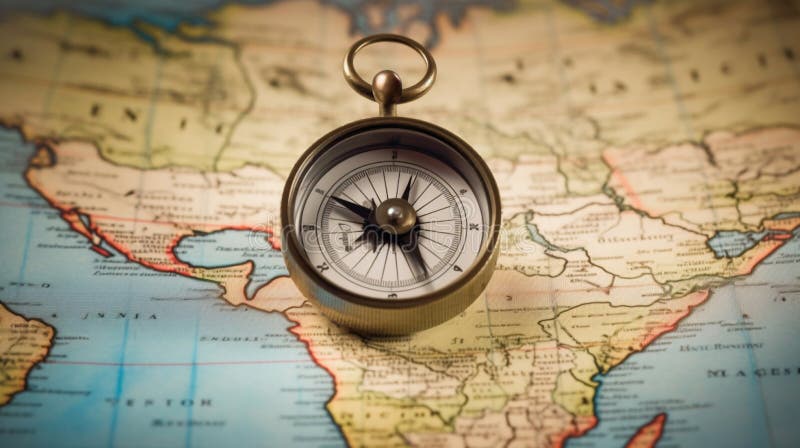 Magnetic compass and location marking on world map for adventure and travel concept. Generative AI royalty free illustration