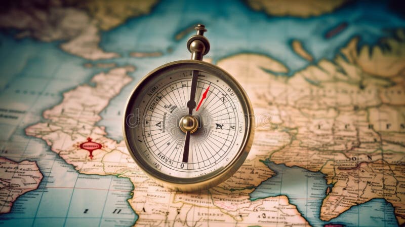 Magnetic compass and location marking on world map for adventure and travel concept. Generative AI stock illustration