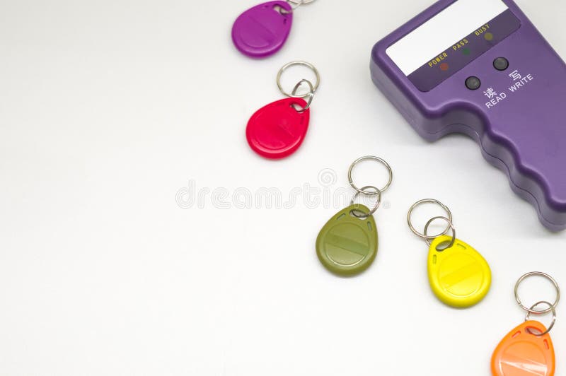 Magnetic key programmer. Duplicator for intercom keys. Electronic equipment for small businesses. Selective focus, copy royalty free stock photography