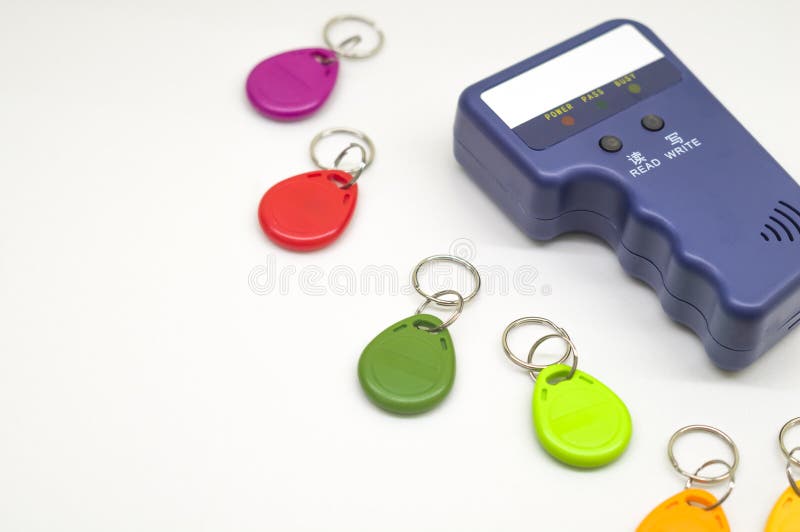 Magnetic key programmer. Duplicator for intercom keys. Electronic equipment for small businesses. Selective focus, copy stock image