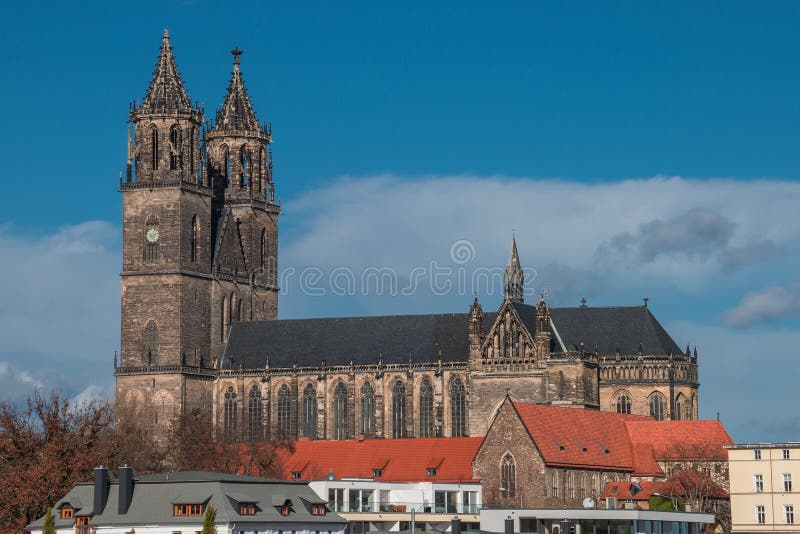 Magnificent Cathedral of Magdeburg at River Elbe, Germany Stock Photo