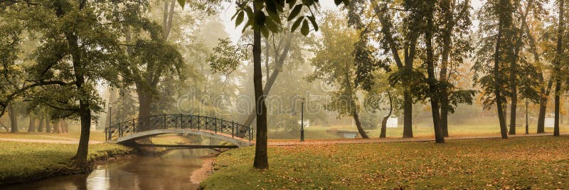 beautiful panoramic view of the autumn city park with a pedestrian bridge over a shallow stream with a slight haze from the