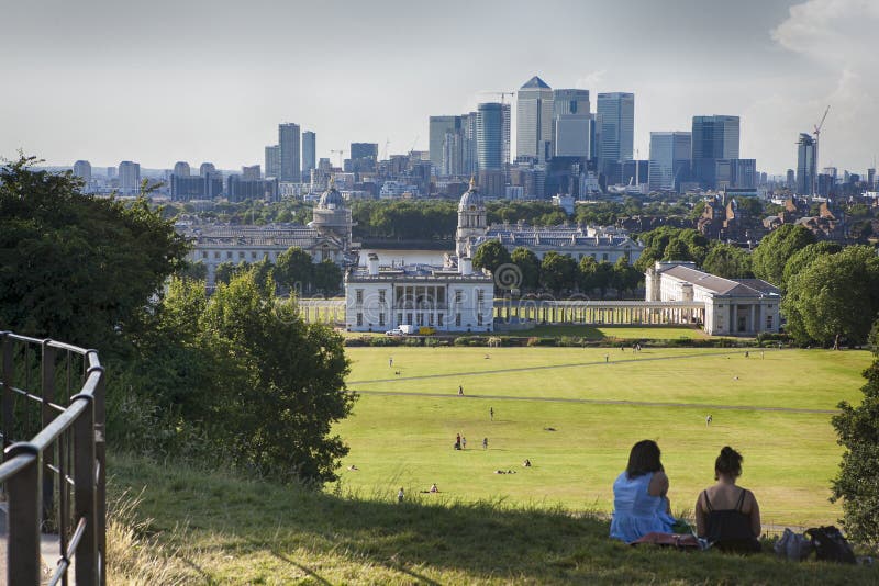 The magnificent view from the Greenwich Observatory taking in sights such as Docklands and the Royal Naval College in London.