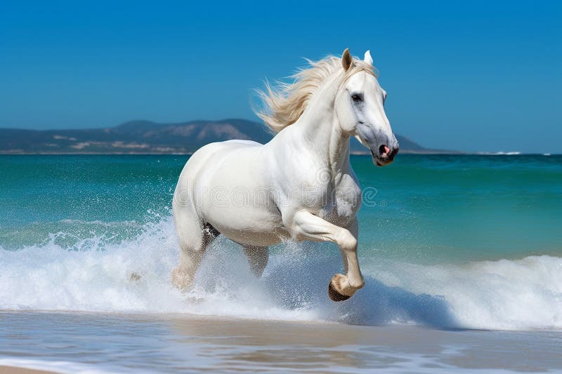 Magnificent White Horse Galloping Freely on the Beach. this Artwork ...