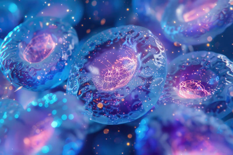 A magnified view showcases cellular structures with distinct nuclei and strands of DNA, highlighting the complexity of biological composition. Code division stock images, royalty-free photos and pictures