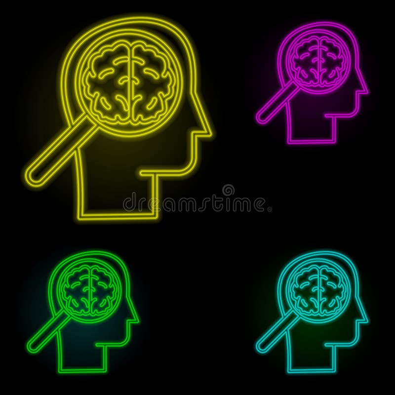 Magnifier, had, brain icon neon color set icon. Simple thin line, outline vector of business icons for ui and ux, website or royalty free illustration