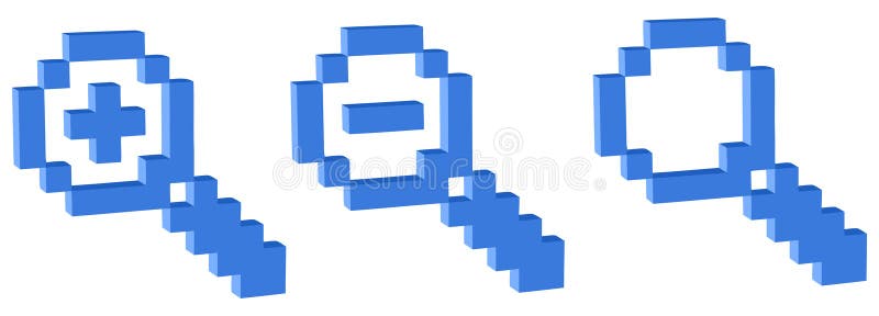 Magnifier icons of 3D pixel art for design project royalty free illustration