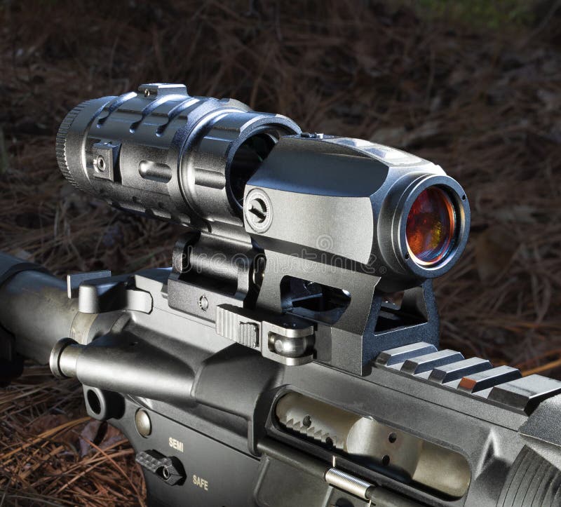 Magnifier Behind a Red Dot Sight on an AR15 Stock Image Image of