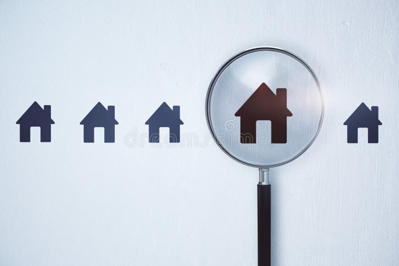 Magnifier zooming in on house icon on white background. Home and property search concept. vector illustration