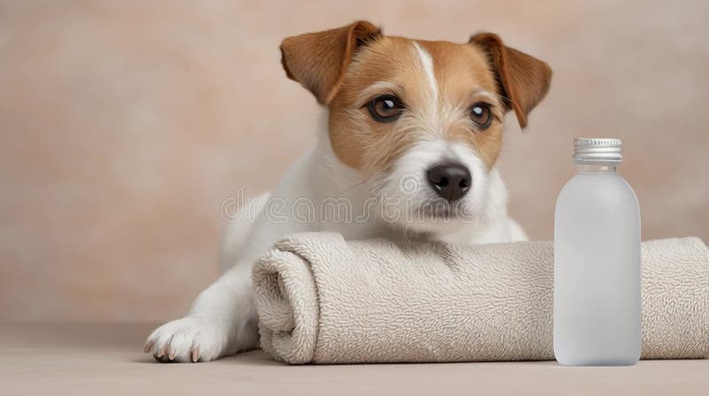 Magnifique jack russell terrier assis sur une serviette à côté d'une bouteille dans un cadre intérieur propre et cosy banque de vidéos