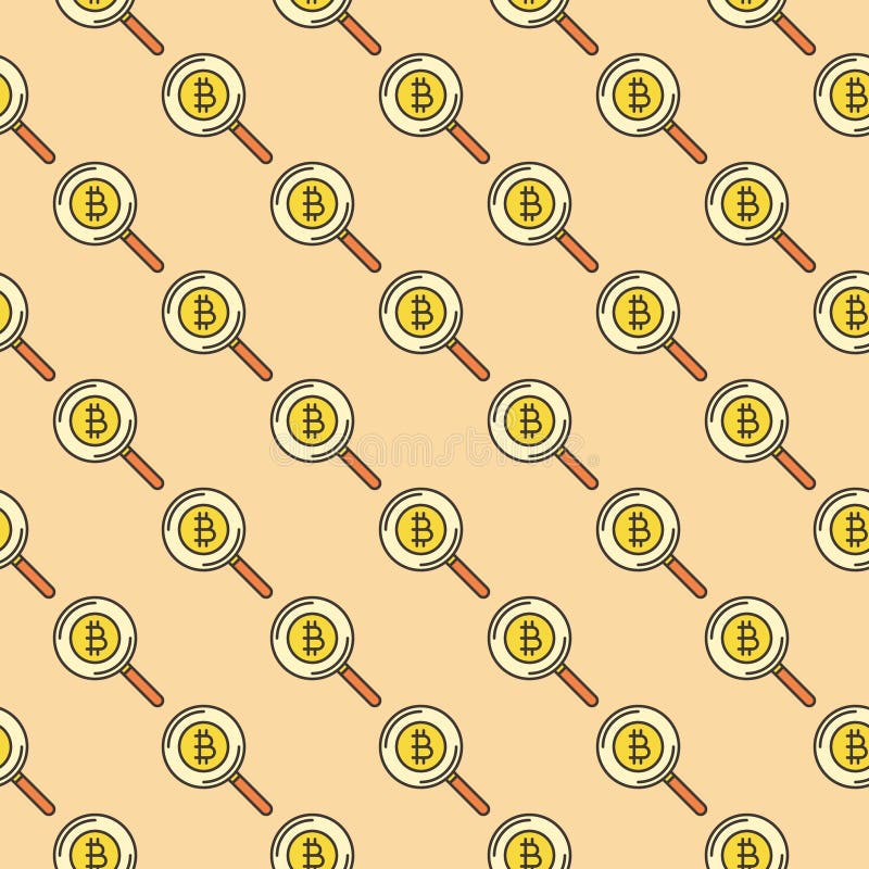 Magnifying Glass and Bitcoin vector Cryptocurrency colored seamless pattern stock illustration
