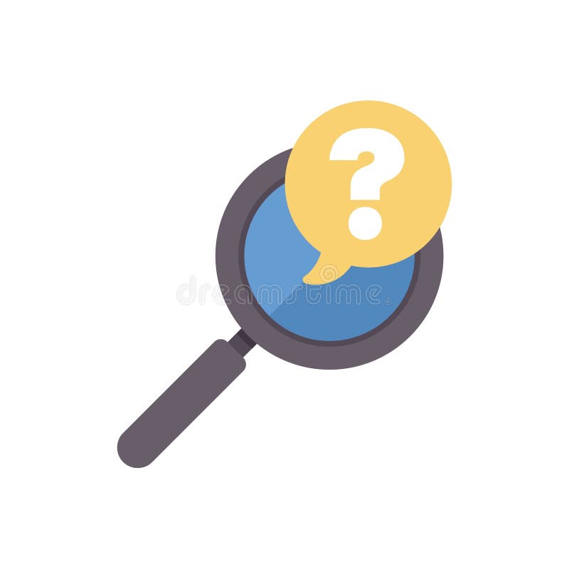 Magnifying glass exploring question mark inside speech bubble stock image