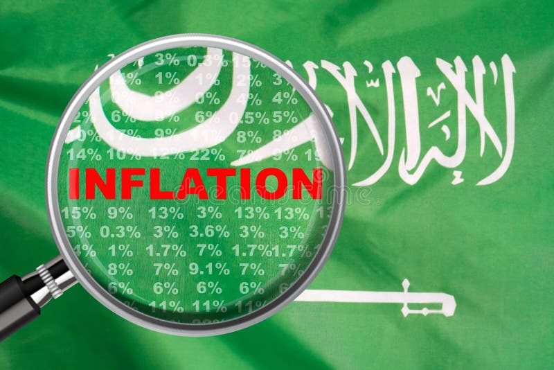Loupe Focused on the Word Inflation on Saudi Arabia Flag Background