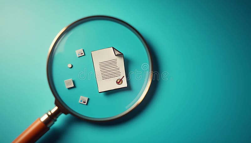 A magnifying glass over a document with a check mark and small documents on a blue background vector illustration