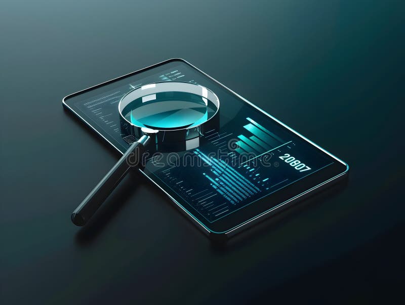 Magnifying Glass Hovering Over Sleek Touchscreen with 2025 Optimization and Business Planning Text royalty free illustration