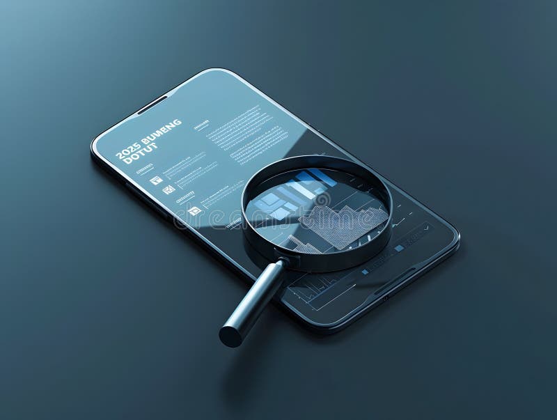 Magnifying Glass Hovers Over Sleek Touchscreen Displaying Business Planning and Optimization Data for Futuristic Insights stock illustration