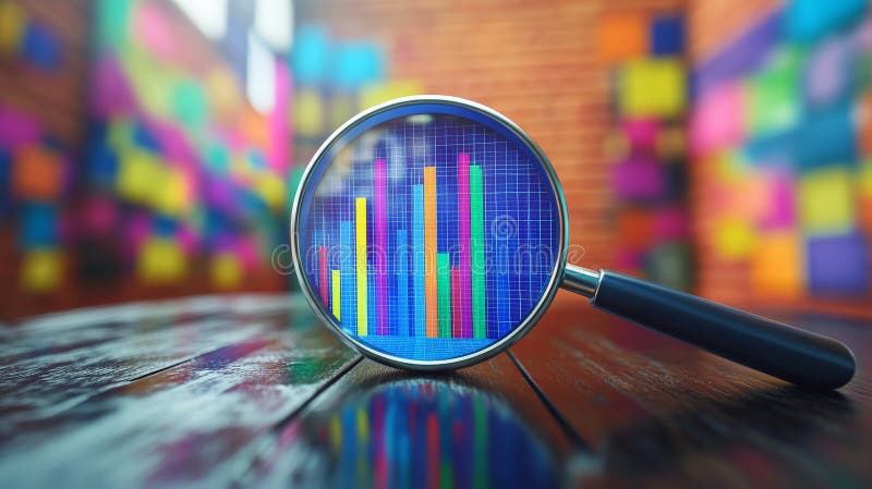 AI generated high quality stock photo image artificial generated illustration of Magnifying glass inspecting a vibrant, colorful bar graph in a library like setting, combining knowledge exploration with data driven insights and modern graphical visualization. 4k AI Stock photo illustration of a magnifying glass and bar graph.