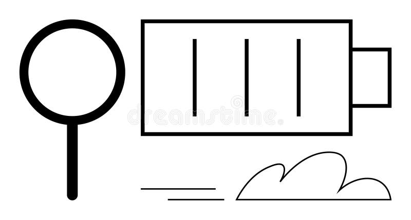 Magnifying Glass, Low Battery, and Cloud Symbolizing Energy Search and Efficiency Challenges vector illustration