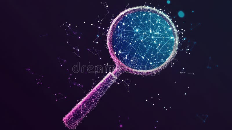 Magnifying Glass Over Digital Database Search in Neon Grid, Symbolizing Online Science Exploration royalty free illustration