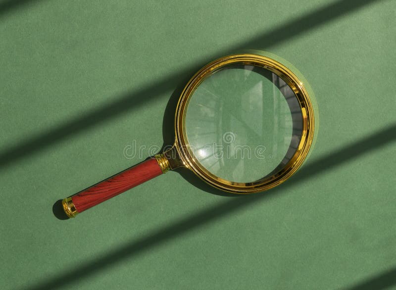 Magnifying glass over green background with sun light. Magnifier as concept of finding answers royalty free stock image