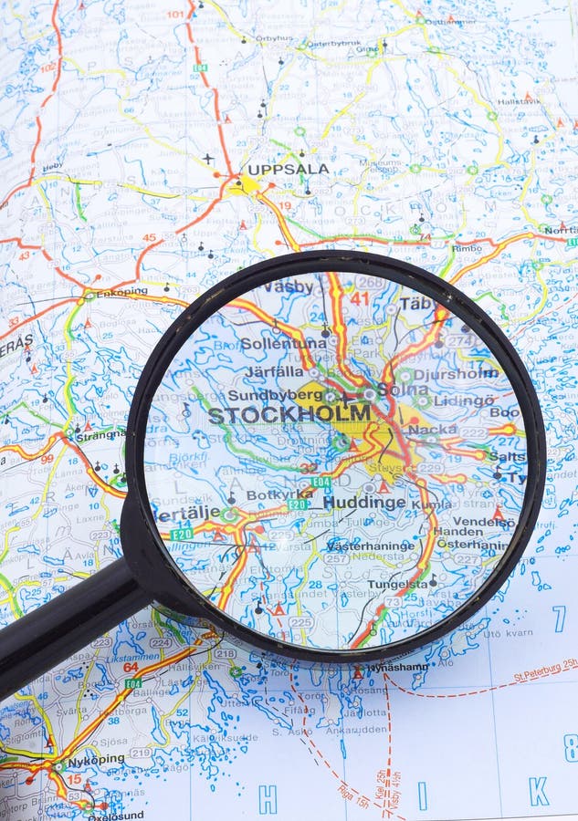 Magnifying glass over Stocholm, Sweden map