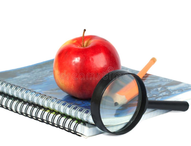 Magnifying Glass, Pencil and Red Apple Stock Photo Image of apple