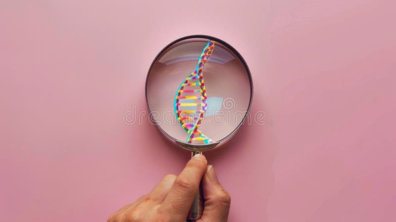 A hand holds a magnifying glass focusing on a colorful DNA helix. image. Gene sequence stock images, royalty-free photos and pictures