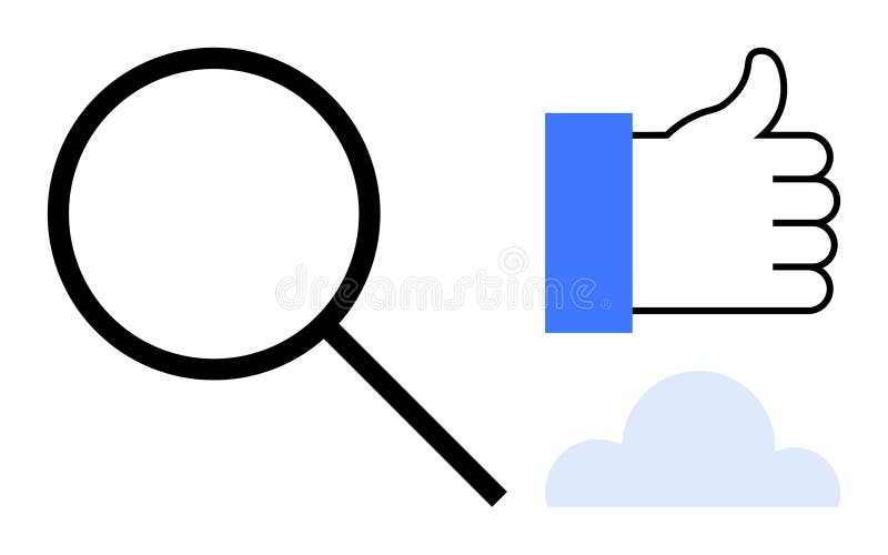 Magnifying Glass, Thumbs Up Icon, and Cloud Graphic Search, Approval, and Cloud Computing Concepts royalty free illustration