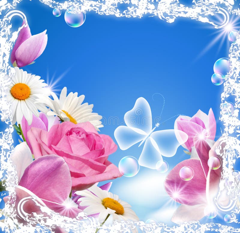 Magnolia, di rosa, margherita e farfalla trasparente illustrazione di stock Magnolia, di rosa, margherita e farfalla trasparente illustrazione di stock